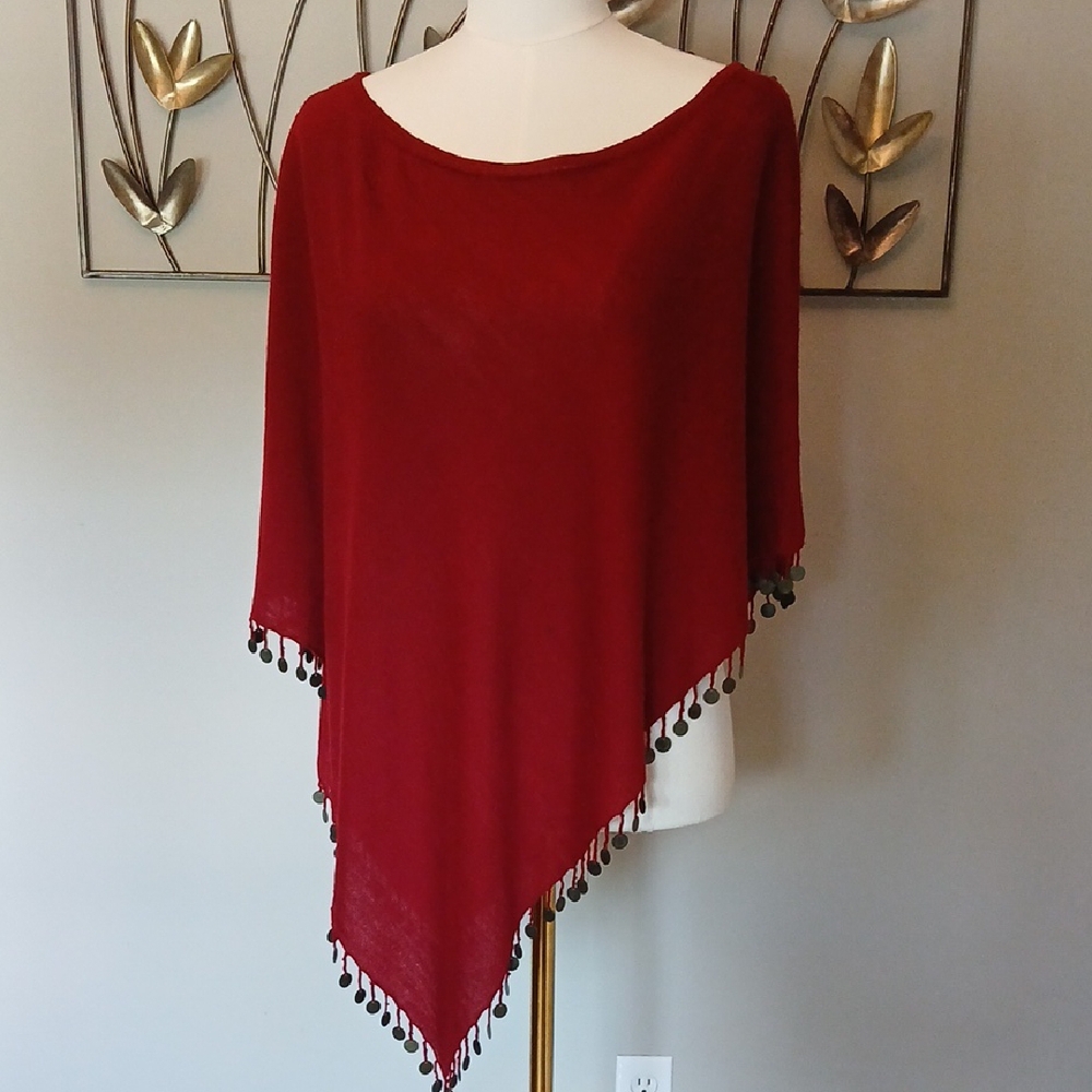 Vertigo Paris Lightweight Wine Color Poncho with Coin Fringe